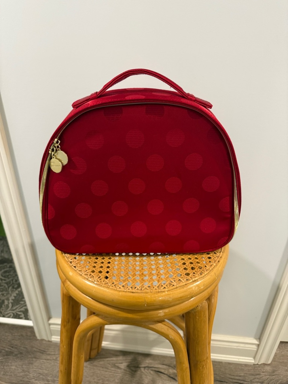Estee Lauder Red Polka Dot Cosmetic Case with Gold Accents